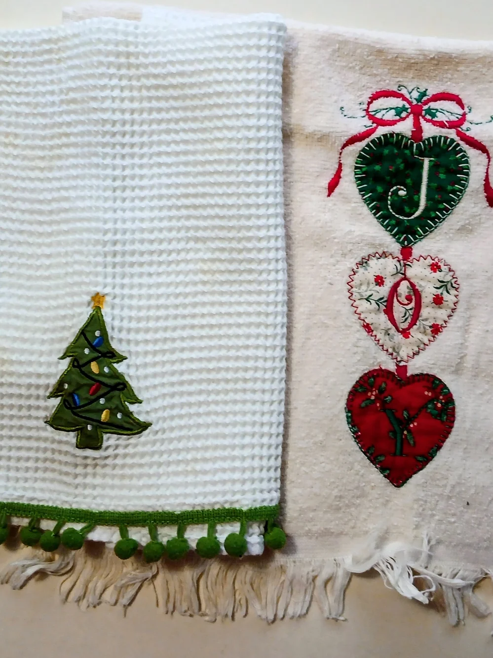 White Holiday Embroidered Fringe Kitchen Towels - Festive Snowman & Santa
